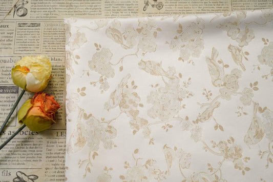 Ivory Gold Floral Bird Jacquard Fabric, Metallic Thread Brocade with Blossom and Vine Pattern for Cheongsam, Dresses, Jackets and Crafts, 59 - Poppylollipop