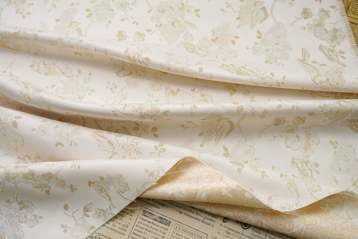 Ivory Gold Floral Bird Jacquard Fabric, Metallic Thread Brocade with Blossom and Vine Pattern for Cheongsam, Dresses, Jackets and Crafts, 59