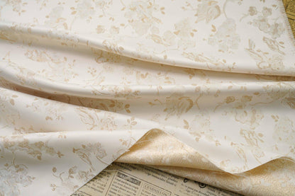 Ivory Gold Floral Bird Jacquard Fabric, Metallic Thread Brocade with Blossom and Vine Pattern for Cheongsam, Dresses, Jackets and Crafts, 59