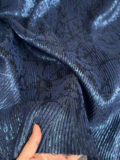 Navy Blue Metallic Jacquard Fabric, 3D Textured Wave Pattern Stretch Brocade for Evening Gowns, Runway Dresses and Skirts, 55“