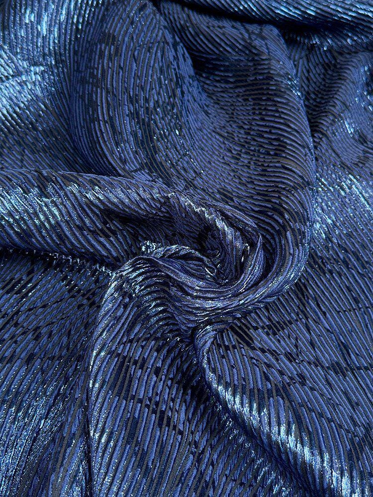 Navy Blue Metallic Jacquard Fabric, 3D Textured Wave Pattern Stretch Brocade for Evening Gowns, Runway Dresses and Skirts, 55“