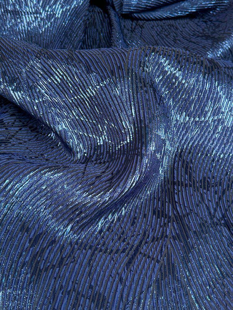 Navy Blue Metallic Jacquard Fabric, 3D Textured Wave Pattern Stretch Brocade for Evening Gowns, Runway Dresses and Skirts, 55“