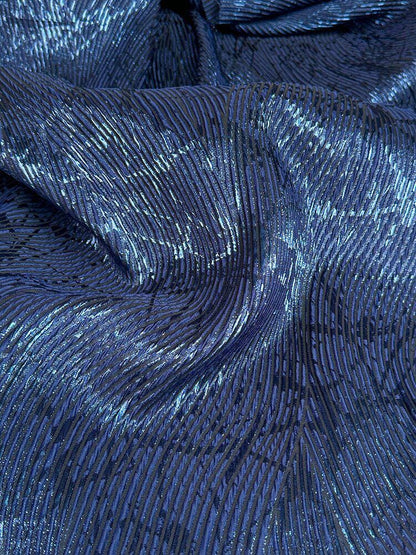 Navy Blue Metallic Jacquard Fabric, 3D Textured Wave Pattern Stretch Brocade for Evening Gowns, Runway Dresses and Skirts, 55“