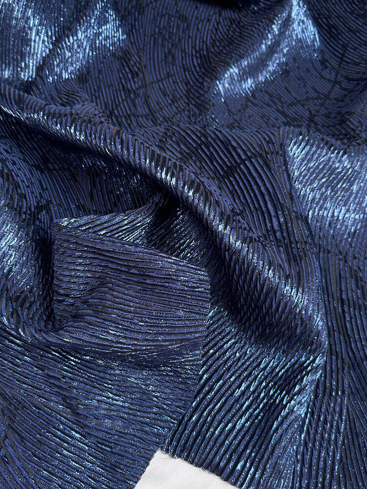 Navy Blue Metallic Jacquard Fabric, 3D Textured Wave Pattern Stretch Brocade for Evening Gowns, Runway Dresses and Skirts, 55“