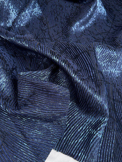Navy Blue Metallic Jacquard Fabric, 3D Textured Wave Pattern Stretch Brocade for Evening Gowns, Runway Dresses and Skirts, 55“