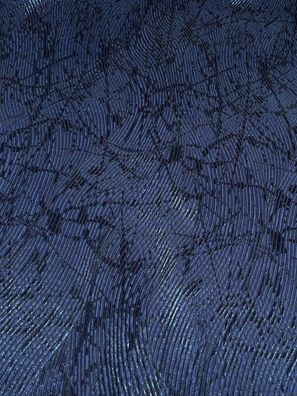 Navy Blue Metallic Jacquard Fabric, 3D Textured Wave Pattern Stretch Brocade for Evening Gowns, Runway Dresses and Skirts, 55“