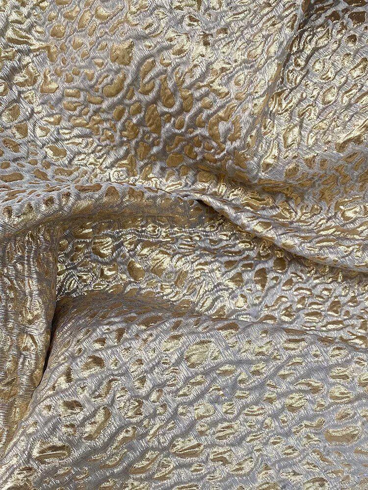 Navy Blue Gold Leopard Print Metallic Jacquard Fabric, 3D Textured Double Layer Brocade for Dresses, Coats, Evening Gowns and Runway Fashion