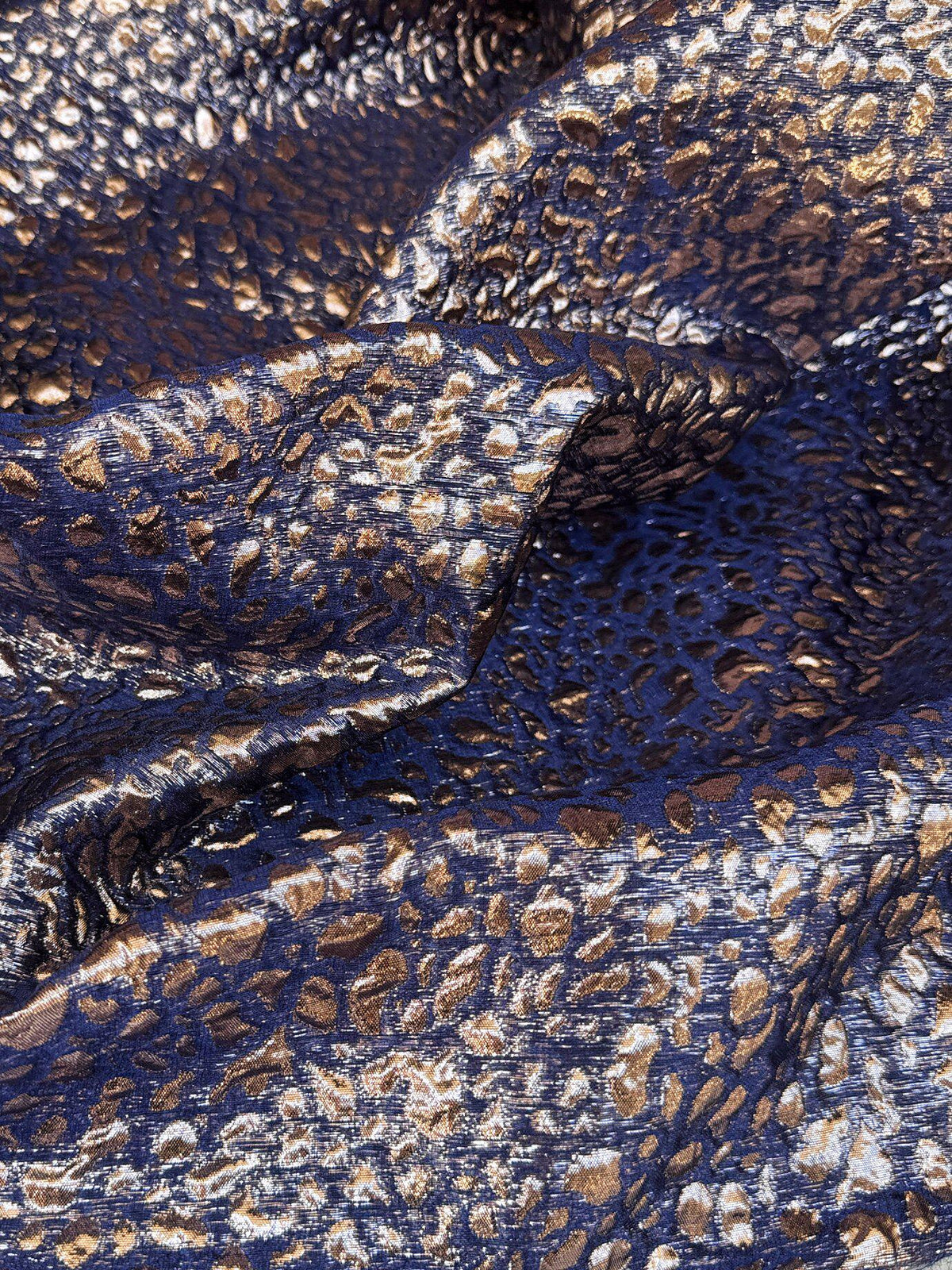 Navy Blue Gold Leopard Print Metallic Jacquard Fabric, 3D Textured Double Layer Brocade for Dresses, Coats, Evening Gowns and Runway Fashion