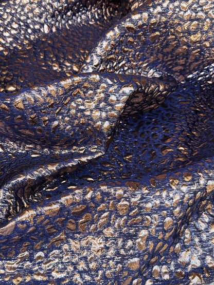 Navy Blue Gold Leopard Print Metallic Jacquard Fabric, 3D Textured Double Layer Brocade for Dresses, Coats, Evening Gowns and Runway Fashion