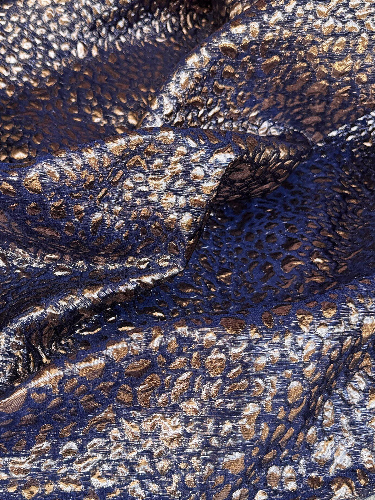 Navy Blue Gold Leopard Print Metallic Jacquard Fabric, 3D Textured Double Layer Brocade for Dresses, Coats, Evening Gowns and Runway Fashion