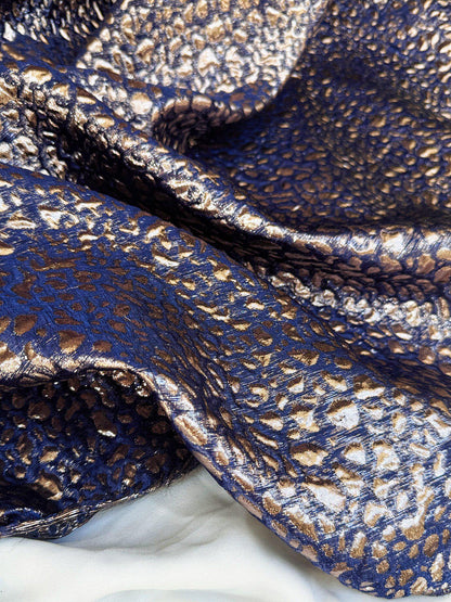 Navy Blue Gold Leopard Print Metallic Jacquard Fabric, 3D Textured Double Layer Brocade for Dresses, Coats, Evening Gowns and Runway Fashion