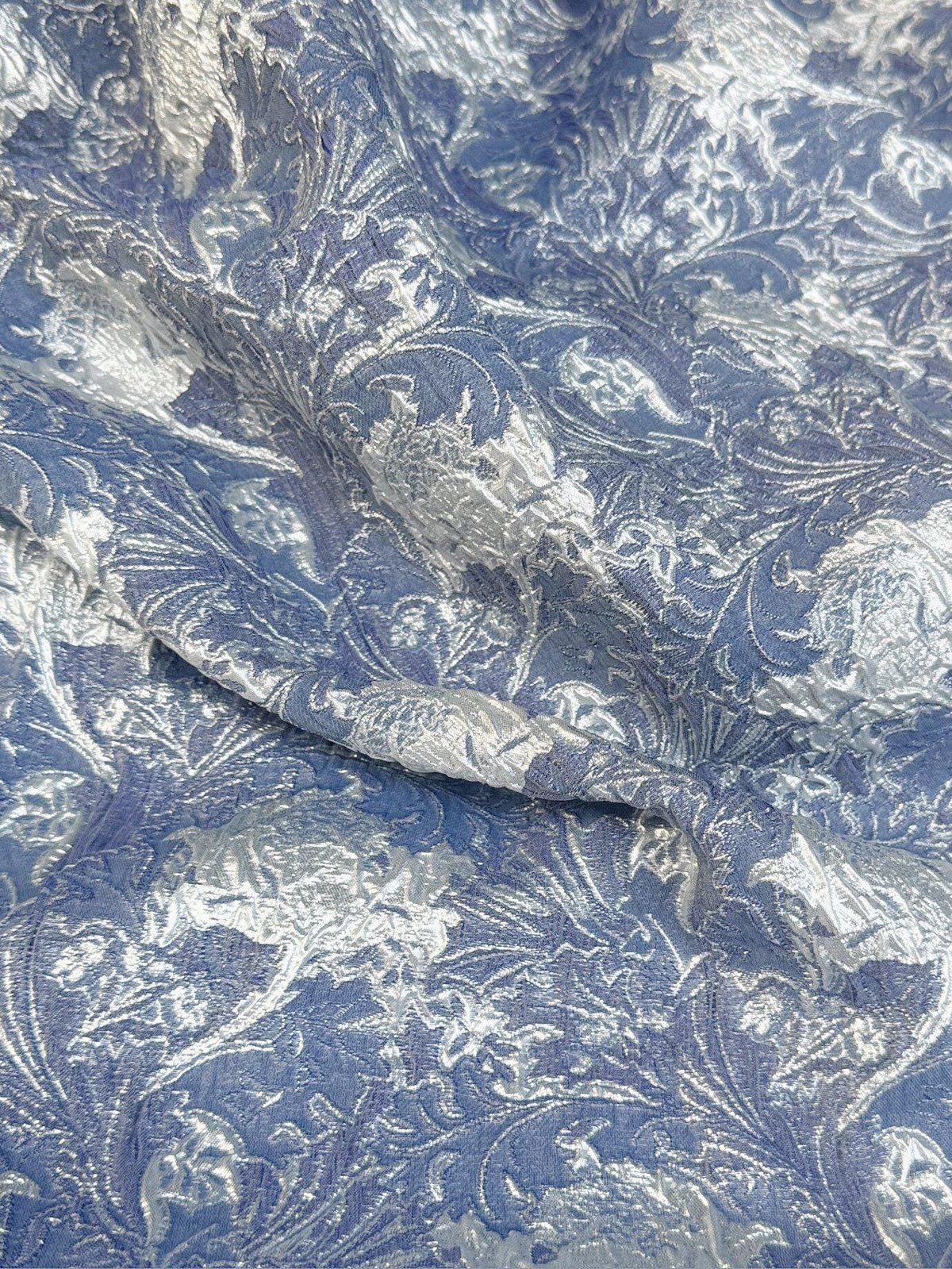 Dusty Blue Silver Floral Jacquard Fabric, Metallic Thread Embossed Brocade for Evening Gowns, Hanfu, Dresses and Runway Fashion, 53"Wide