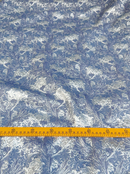 Dusty Blue Silver Floral Jacquard Fabric, Metallic Thread Embossed Brocade for Evening Gowns, Hanfu, Dresses and Runway Fashion, 53"Wide