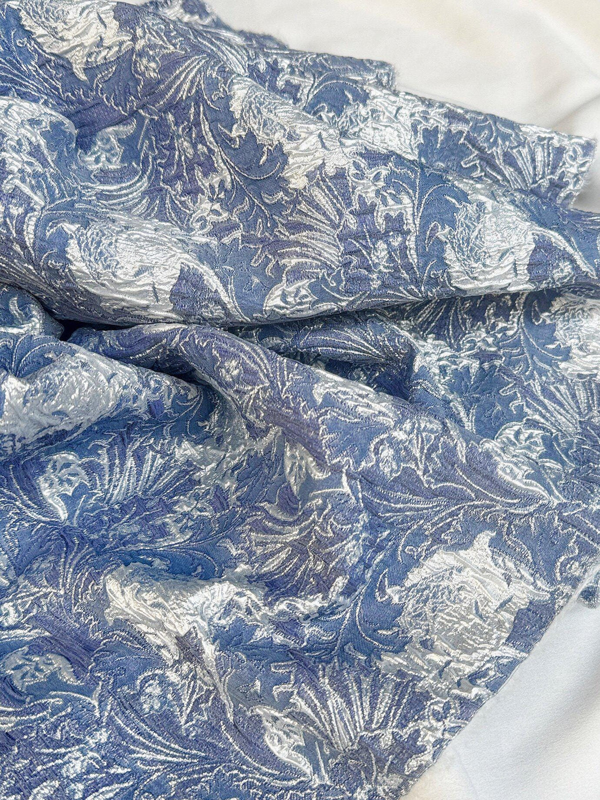 Dusty Blue Silver Floral Jacquard Fabric, Metallic Thread Embossed Brocade for Evening Gowns, Hanfu, Dresses and Runway Fashion, 53"Wide