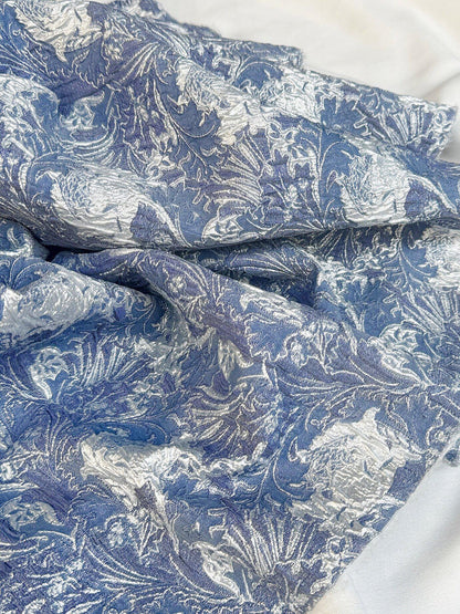 Dusty Blue Silver Floral Jacquard Fabric, Metallic Thread Embossed Brocade for Evening Gowns, Hanfu, Dresses and Runway Fashion, 53"Wide