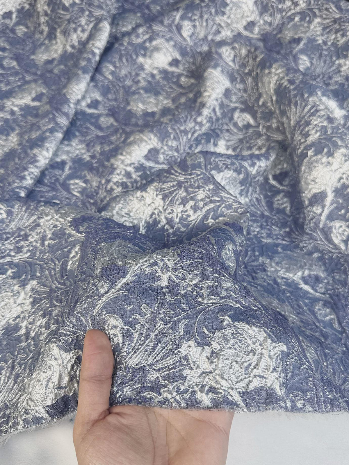 Dusty Blue Silver Floral Jacquard Fabric, Metallic Thread Embossed Brocade for Evening Gowns, Hanfu, Dresses and Runway Fashion, 53"Wide