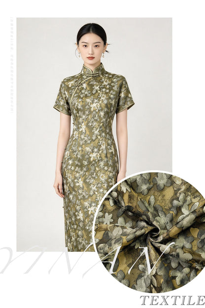Olive Green Floral Jacquard Fabric, 3D Embossed Watercolor Flower Woven Brocade for Dresses, Cheongsam, Jackets and Home Decor - 62"W
