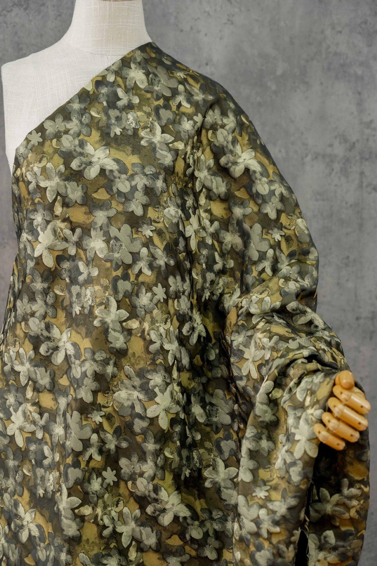 Olive Green Floral Jacquard Fabric, 3D Embossed Watercolor Flower Woven Brocade for Dresses, Cheongsam, Jackets and Home Decor - 62"W
