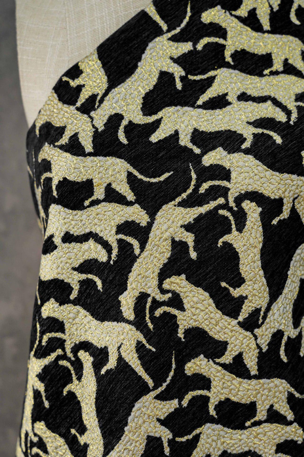 Black Gold Abstract Leopard Jacquard Fabric, 3D Embossed Metallic Brocade for Coats, Jackets, Dresses, Bags and Upholstery - 58"W