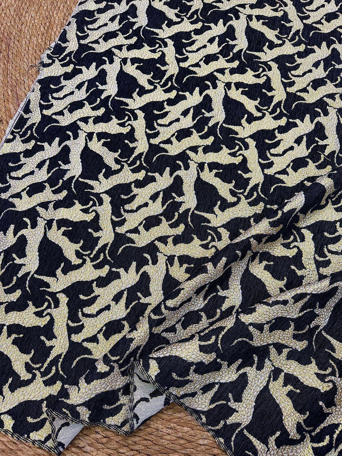 Black Gold Abstract Leopard Jacquard Fabric, 3D Embossed Metallic Brocade for Coats, Jackets, Dresses, Bags and Upholstery - 58"W