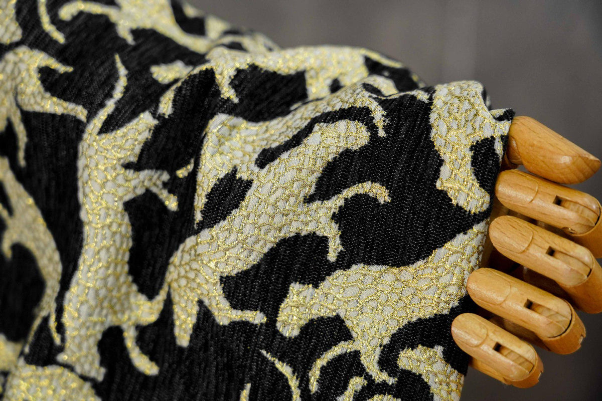 Black Gold Abstract Leopard Jacquard Fabric, 3D Embossed Metallic Brocade for Coats, Jackets, Dresses, Bags and Upholstery - 58"W