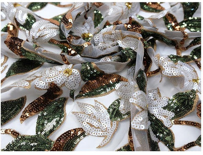 Multicolor Sequin Embroidered Tulle Fabric, White Floral Mesh Lace with Green and Gold Sequins for Gowns, Dresses and Bridal Wear, 48"