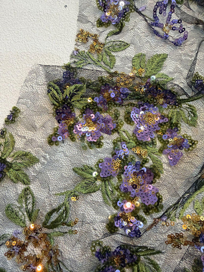 Purple Floral Sequin Embroidered Lace Fabric, Black Sheer Mesh Tulle with Gold Accents for Cheongsam, Gowns, Dresses and Bridal Wear, 48"