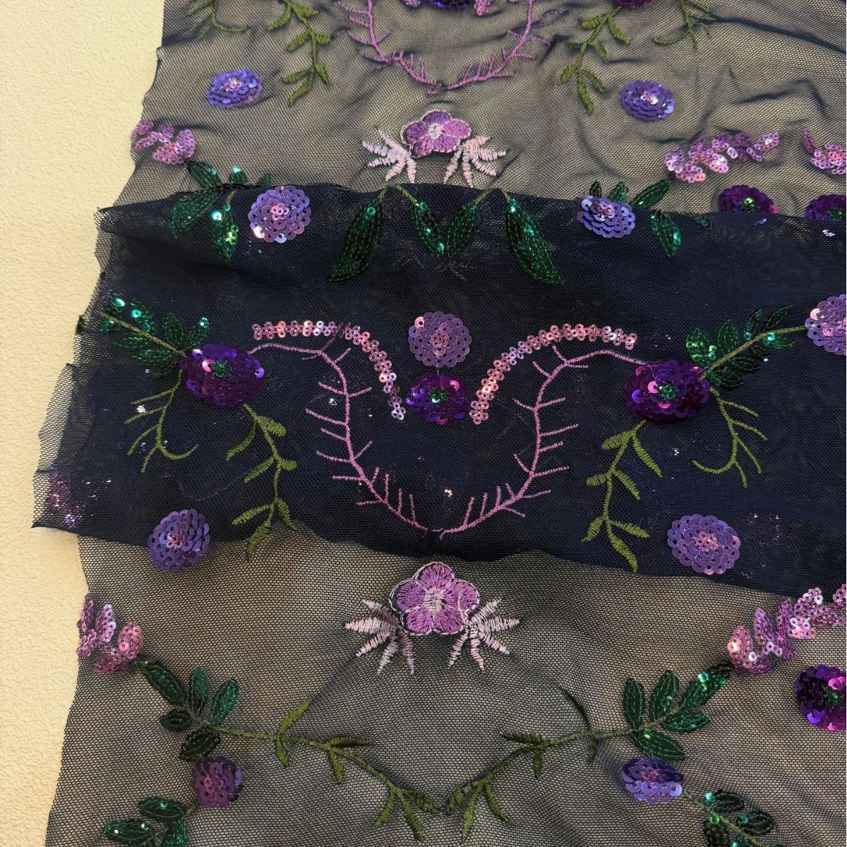 Purple Floral Sequin Embroidered Tulle Fabric, Black Sheer Mesh Lace with Green Leaves for Evening Gowns, Dresses, Cheongsam and Crafts, 48"