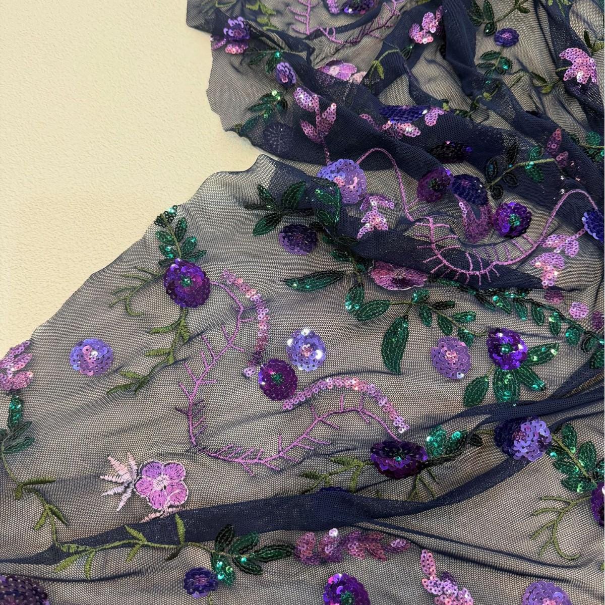 Purple Floral Sequin Embroidered Tulle Fabric, Black Sheer Mesh Lace with Green Leaves for Evening Gowns, Dresses, Cheongsam and Crafts, 48"