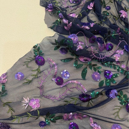 Purple Floral Sequin Embroidered Tulle Fabric, Black Sheer Mesh Lace with Green Leaves for Evening Gowns, Dresses, Cheongsam and Crafts, 48"