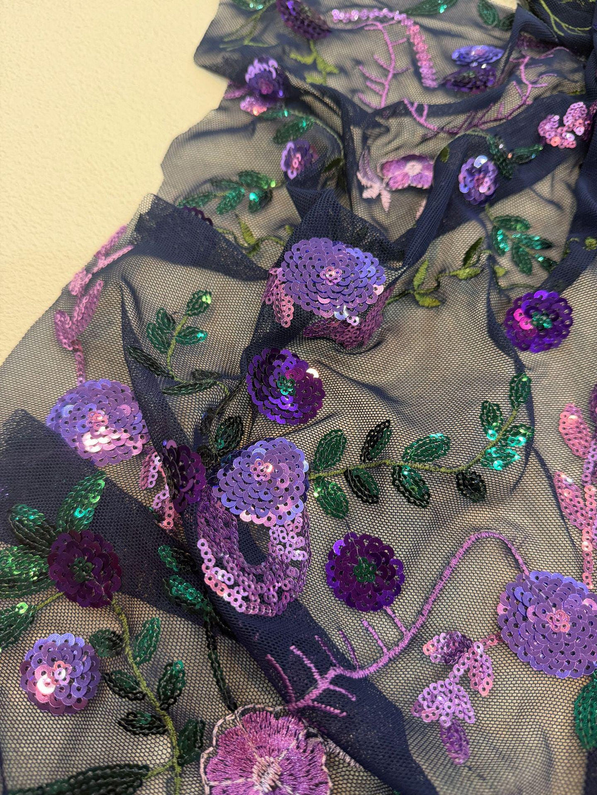 Purple Floral Sequin Embroidered Tulle Fabric, Black Sheer Mesh Lace with Green Leaves for Evening Gowns, Dresses, Cheongsam and Crafts, 48"