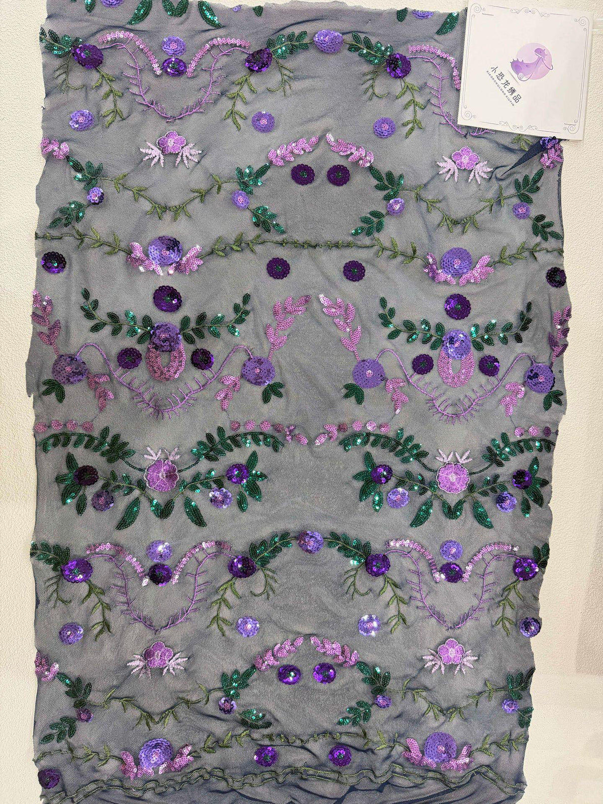 Purple Floral Sequin Embroidered Tulle Fabric, Black Sheer Mesh Lace with Green Leaves for Evening Gowns, Dresses, Cheongsam and Crafts, 48"