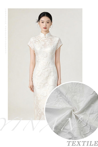 Ivory White Embossed Peony Floral Jacquard Fabric, 3D Textured Woven Fabric for Dresses, Cheongsam, Bridal Wear and Crafts, 55" Wide