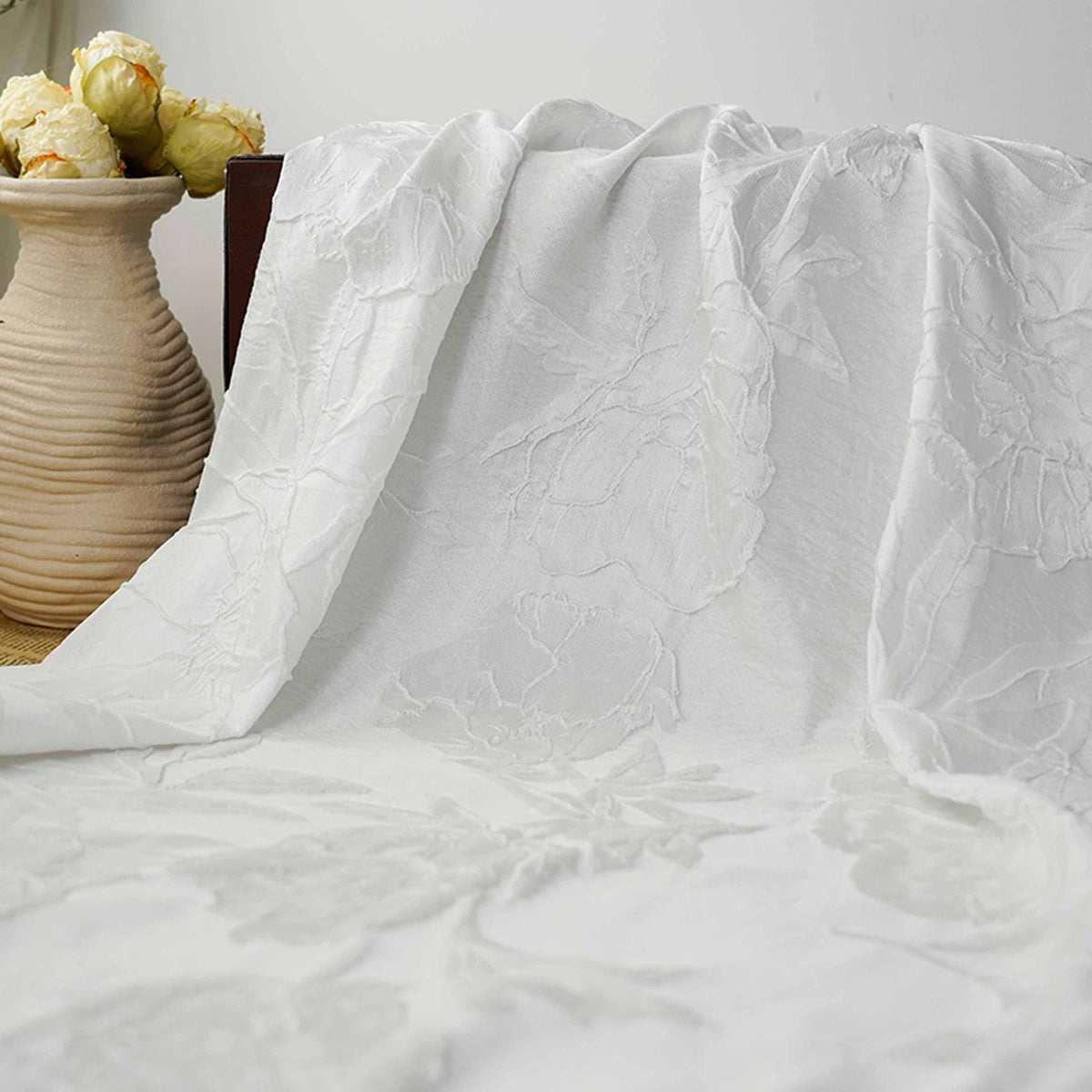 Ivory White Embossed Peony Floral Jacquard Fabric, 3D Textured Woven Fabric for Dresses, Cheongsam, Bridal Wear and Crafts, 55" Wide