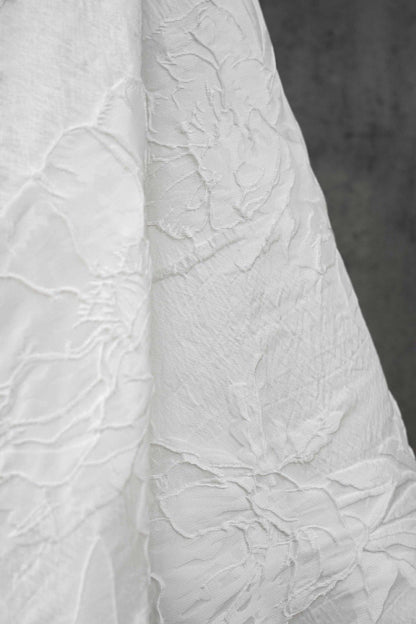 Ivory White Embossed Peony Floral Jacquard Fabric, 3D Textured Woven Fabric for Dresses, Cheongsam, Bridal Wear and Crafts, 55" Wide