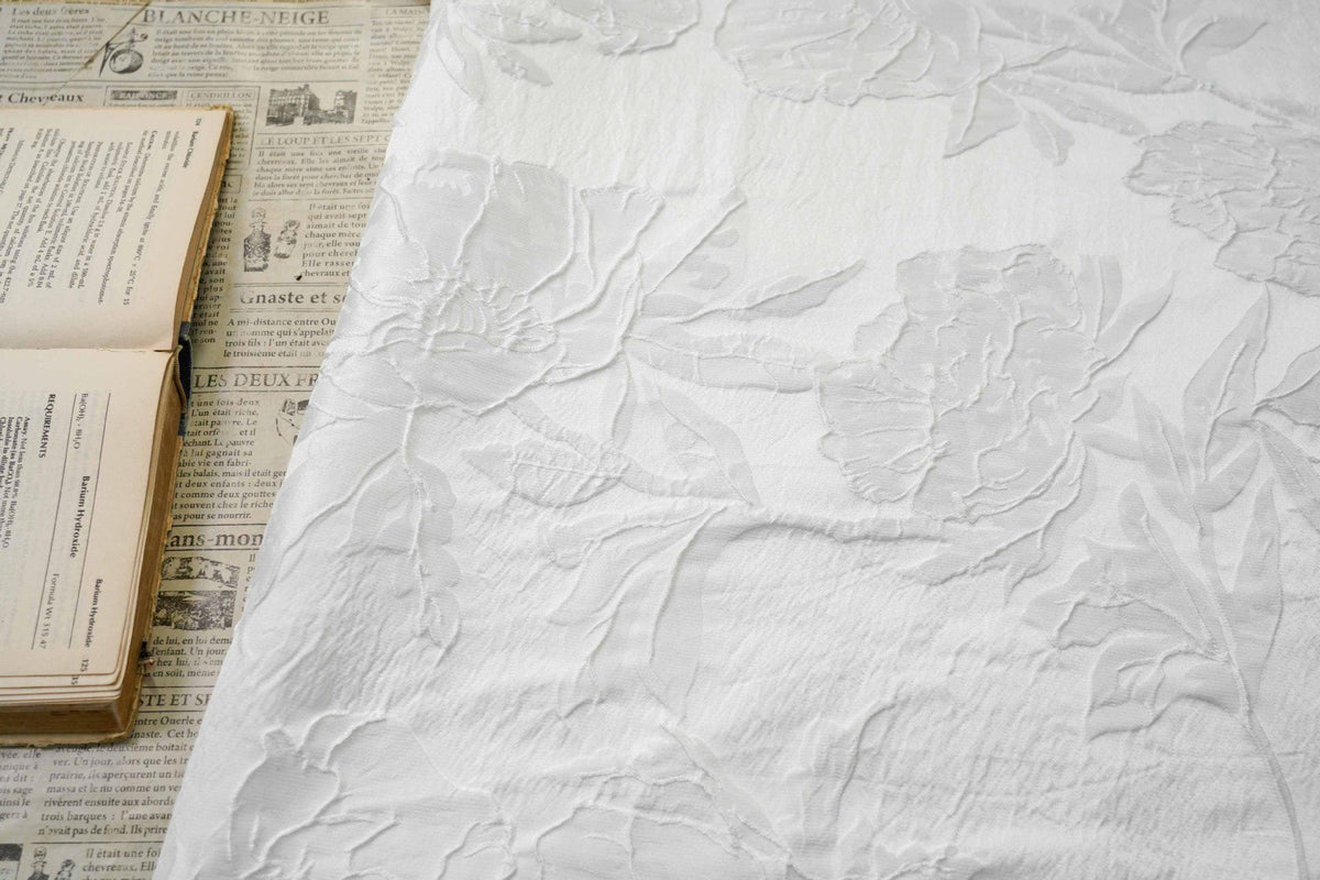 Ivory White Embossed Peony Floral Jacquard Fabric, 3D Textured Woven Fabric for Dresses, Cheongsam, Bridal Wear and Crafts, 55" Wide