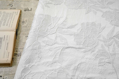 Ivory White Embossed Peony Floral Jacquard Fabric, 3D Textured Woven Fabric for Dresses, Cheongsam, Bridal Wear and Crafts, 55" Wide