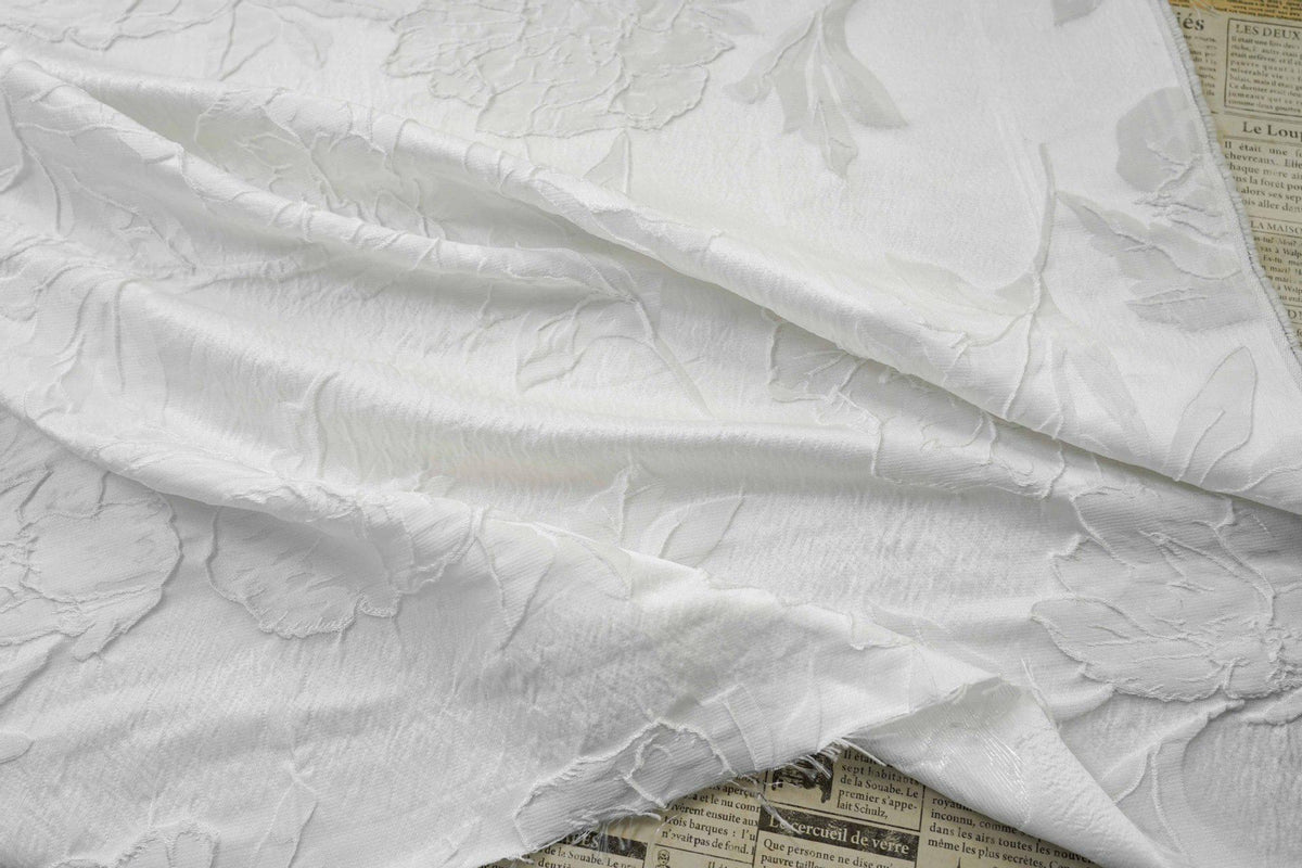 Ivory White Embossed Peony Floral Jacquard Fabric, 3D Textured Woven Fabric for Dresses, Cheongsam, Bridal Wear and Crafts, 55" Wide