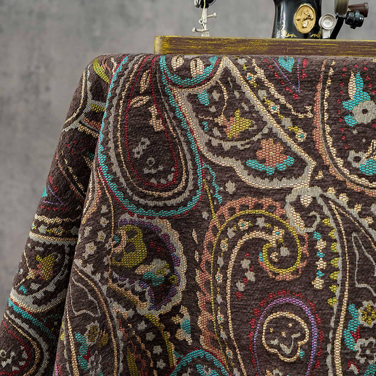 Vintage Brown Paisley Jacquard Fabric, Multicolor Woven Ethnic Pattern Textile for Coats, Jackets, Bags, Upholstery and Home Decor, 58" Wide