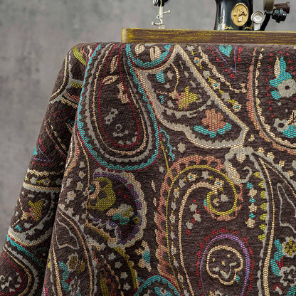 Vintage Brown Paisley Jacquard Fabric, Multicolor Woven Ethnic Pattern Textile for Coats, Jackets, Bags, Upholstery and Home Decor, 58" Wide