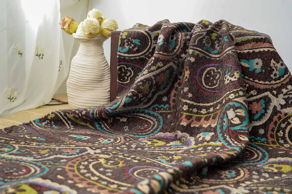 Vintage Brown Paisley Jacquard Fabric, Multicolor Woven Ethnic Pattern Textile for Coats, Jackets, Bags, Upholstery and Home Decor, 58" Wide