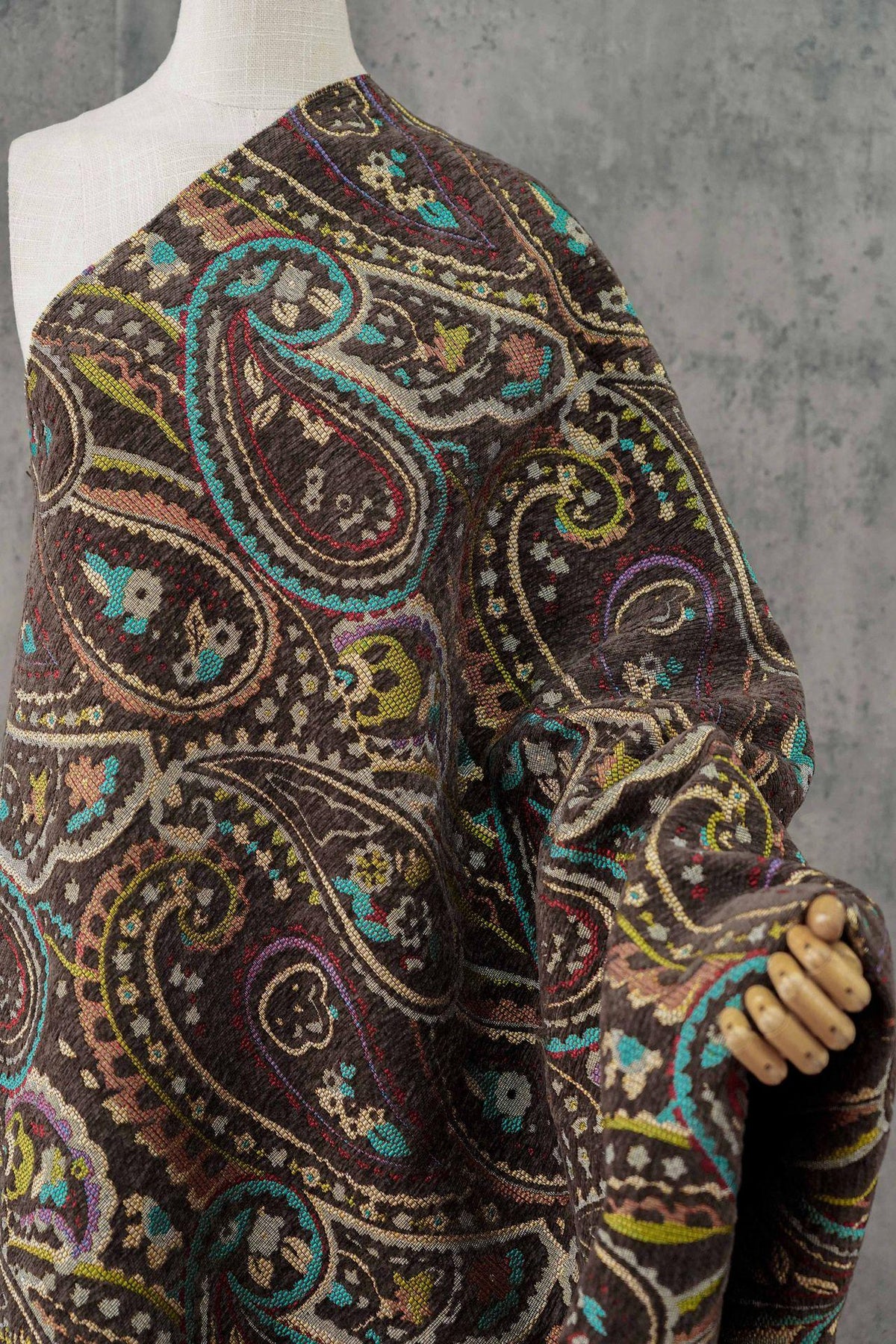 Vintage Brown Paisley Jacquard Fabric, Multicolor Woven Ethnic Pattern Textile for Coats, Jackets, Bags, Upholstery and Home Decor, 58" Wide