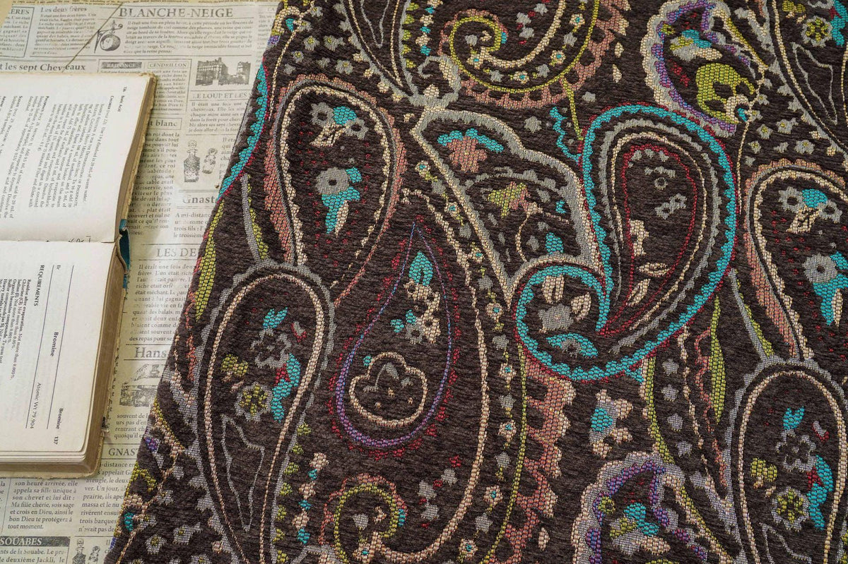 Vintage Brown Paisley Jacquard Fabric, Multicolor Woven Ethnic Pattern Textile for Coats, Jackets, Bags, Upholstery and Home Decor, 58" Wide
