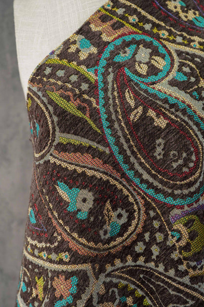 Vintage Brown Paisley Jacquard Fabric, Multicolor Woven Ethnic Pattern Textile for Coats, Jackets, Bags, Upholstery and Home Decor, 58" Wide