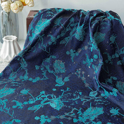 Navy Blue Turquoise Floral Chenille Jacquard Fabric, Textured Bird and Flower Brocade for Cheongsam, Jackets, Bags and Home Decor, 59" Wide