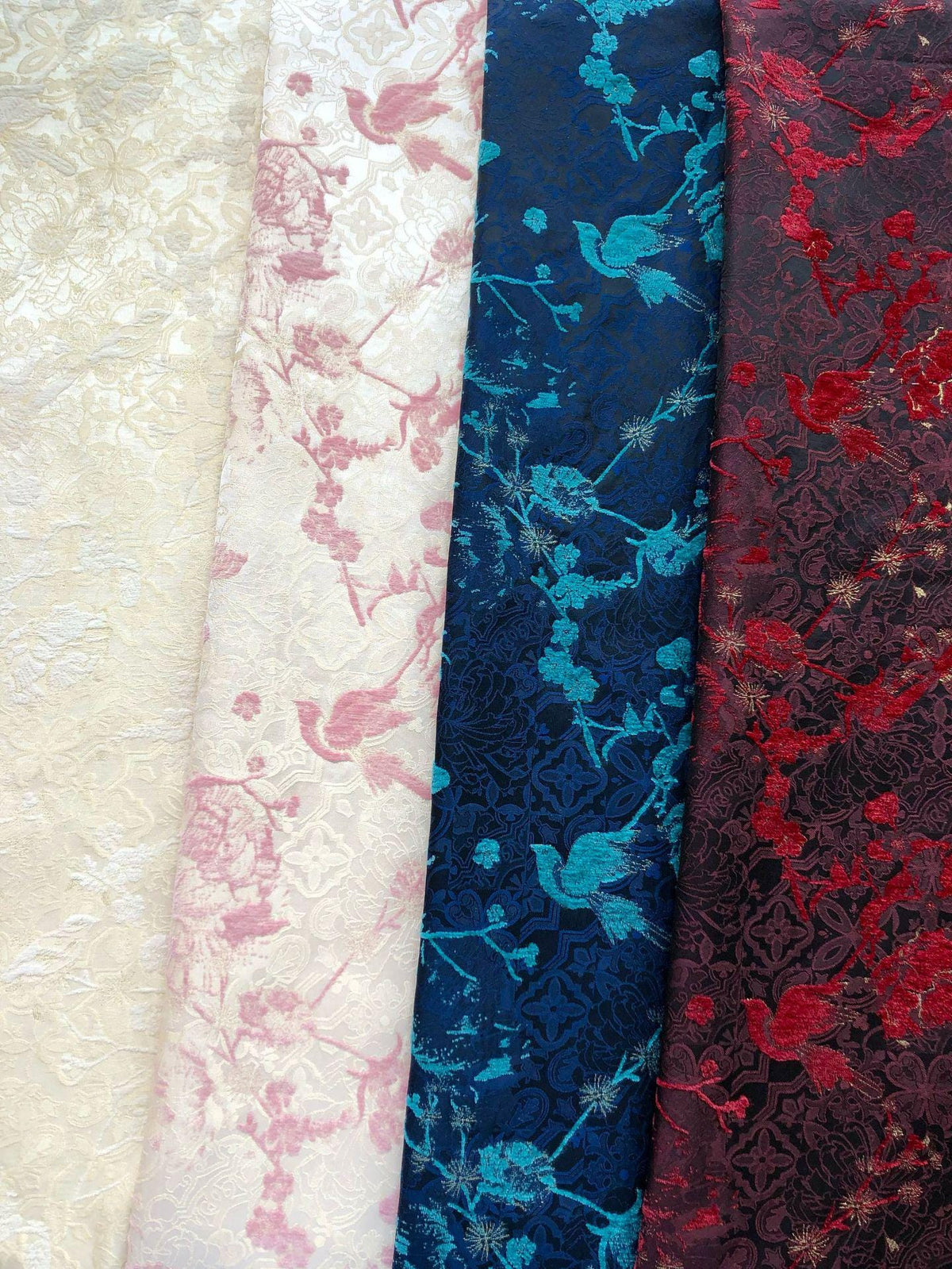 Navy Blue Turquoise Floral Chenille Jacquard Fabric, Textured Bird and Flower Brocade for Cheongsam, Jackets, Bags and Home Decor, 59" Wide