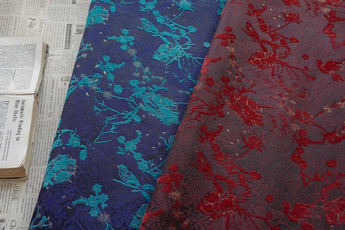 Navy Blue Turquoise Floral Chenille Jacquard Fabric, Textured Bird and Flower Brocade for Cheongsam, Jackets, Bags and Home Decor, 59" Wide