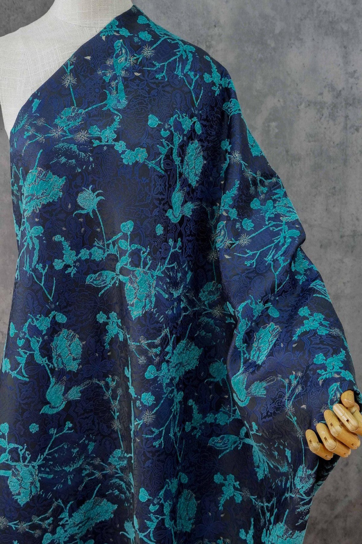 Navy Blue Turquoise Floral Chenille Jacquard Fabric, Textured Bird and Flower Brocade for Cheongsam, Jackets, Bags and Home Decor, 59" Wide
