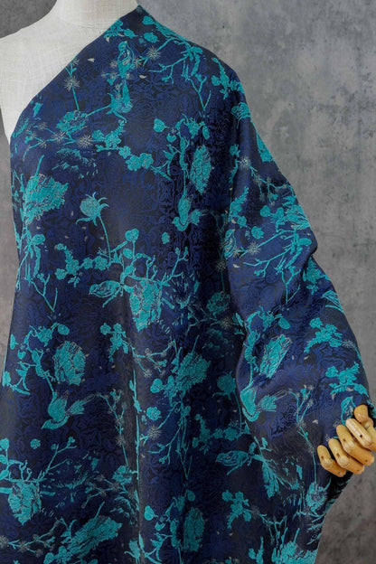 Navy Blue Turquoise Floral Chenille Jacquard Fabric, Textured Bird and Flower Brocade for Cheongsam, Jackets, Bags and Home Decor, 59" Wide