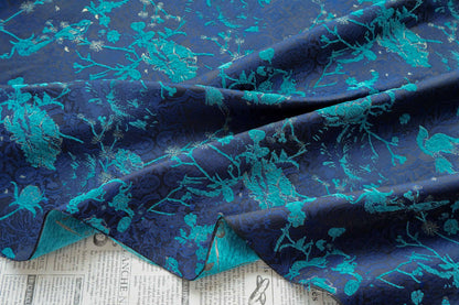 Navy Blue Turquoise Floral Chenille Jacquard Fabric, Textured Bird and Flower Brocade for Cheongsam, Jackets, Bags and Home Decor, 59" Wide